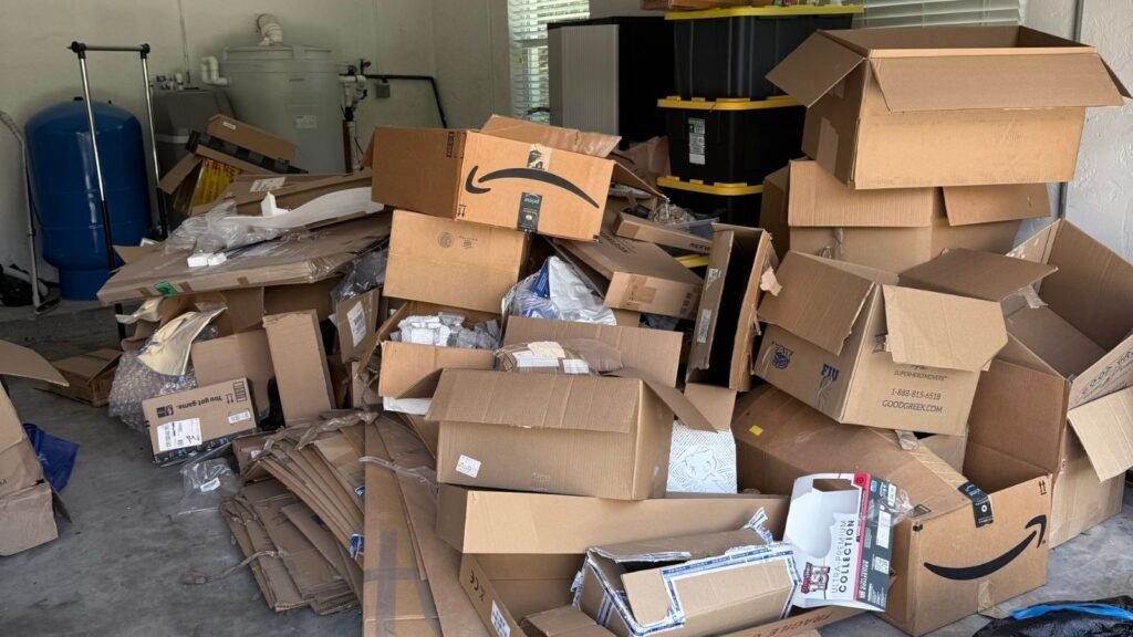 Garage cleanout with cardboard and unwanted items