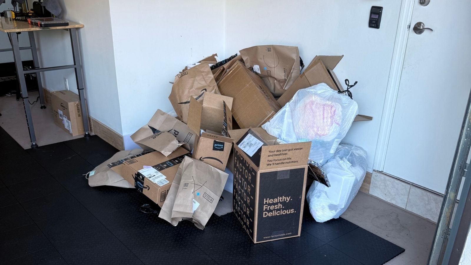 Garage cleanout with boxes and bags for removal